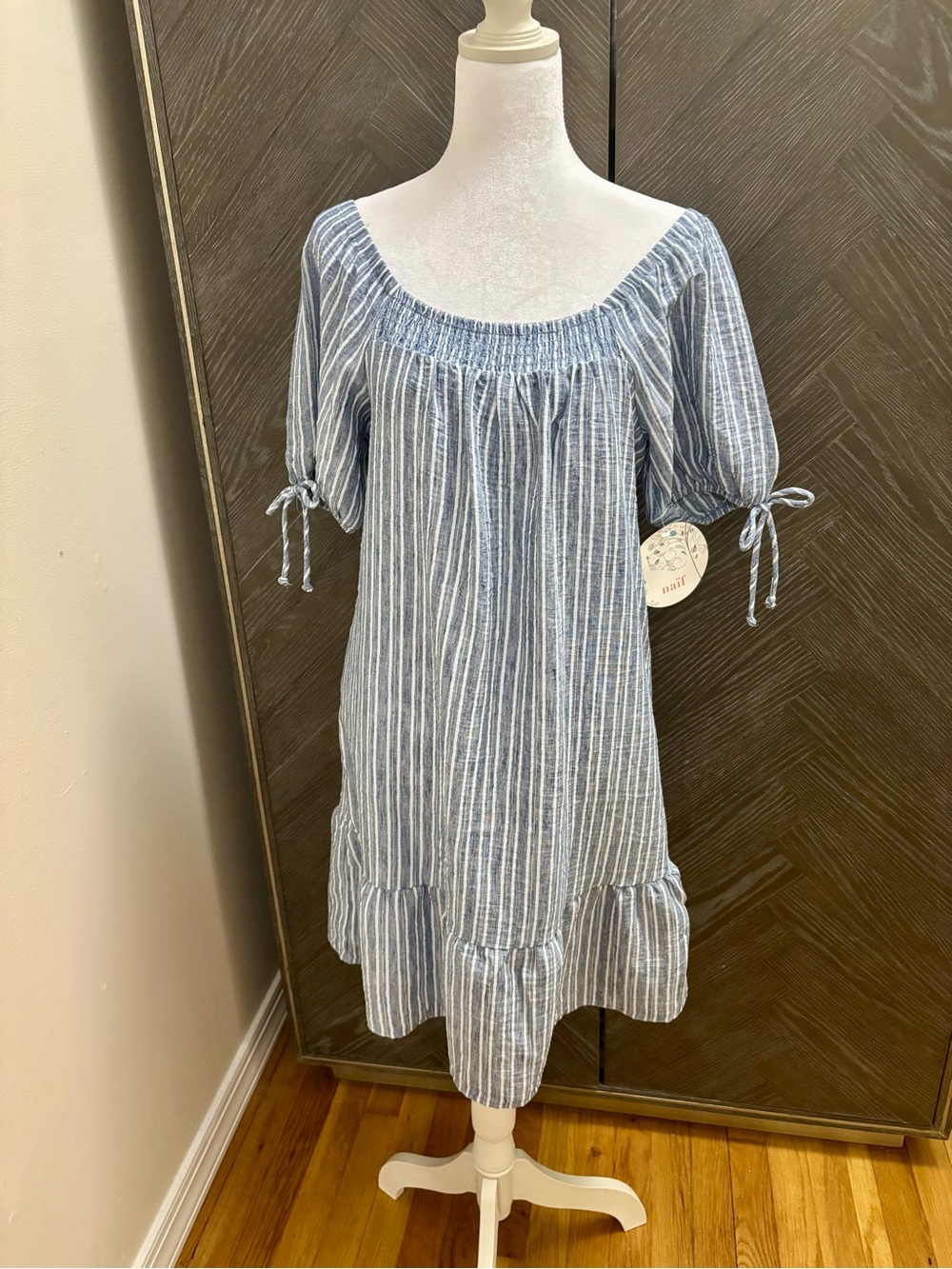 NAIF Light Blue & White Striped Off-Shoulder Midi Dress